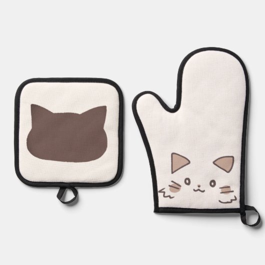 Adorable Cat Hand-Drawn Mitt and Pot Holders 鍋つかみ&鍋敷きセット (正面)