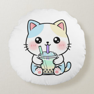 Adorable Cat with Drink – Throw Pillow ラウンドクッション