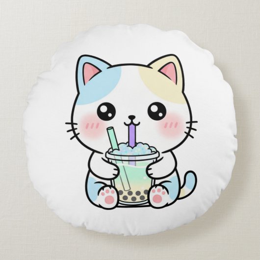 Adorable Cat with Drink – Throw Pillow ラウンドクッション (正面)