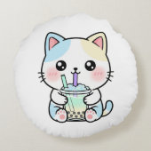 Adorable Cat with Drink – Throw Pillow ラウンドクッション (裏面)