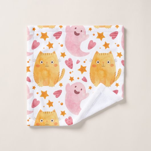 Adorable Cats and Ghosts Pattern バスタオルセット (ウォッシュタオル)