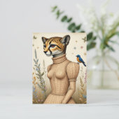 Adorable cheetah in birch bark dress with bluebird ポストカード (スタンド正面)