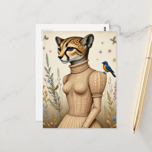 Adorable cheetah in birch bark dress with bluebird ポストカード (正面/裏面インサイチュ)