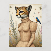 Adorable cheetah in birch bark dress with bluebird ポストカード (正面)