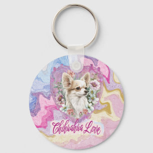 Adorable Chihuahua with flowers pink theme キーホルダー