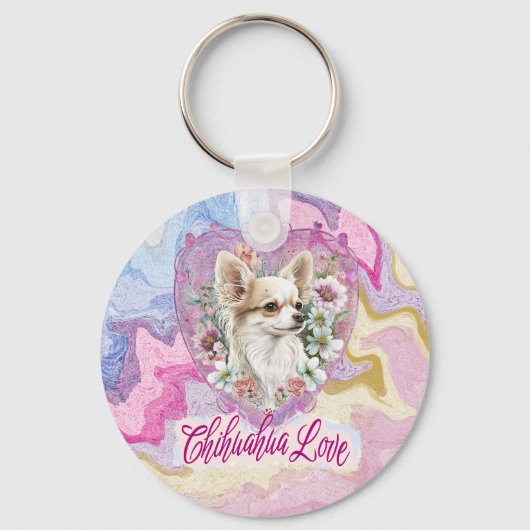 Adorable Chihuahua with flowers pink theme   キーホルダー (正面)