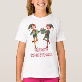Adorable Christmas Elf with Gift Box Tシャツ