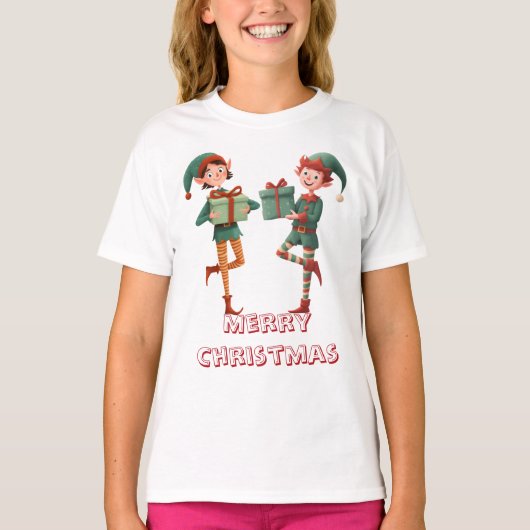 Adorable Christmas Elf with Gift Box Tシャツ (正面)