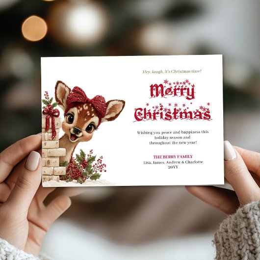 Adorable Christmas kids card with peeking reindeer シーズンカード