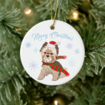 Adorable Christmas Yorkie In Santa Hat Snowflakes  セラミックオーナメント<br><div class="desc">A very cute Yorkie dressed up for the Christmas season in a Santa hat. A great dog lover ornament made just for you.</div>