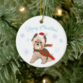 Adorable Christmas Yorkie In Santa Hat Snowflakes セラミックオーナメント