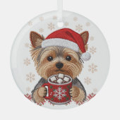Adorable Christmas Yorkshire Terrier ガラスオーナメント (正面)