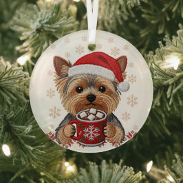 Adorable Christmas Yorkshire Terrier ガラスオーナメント
