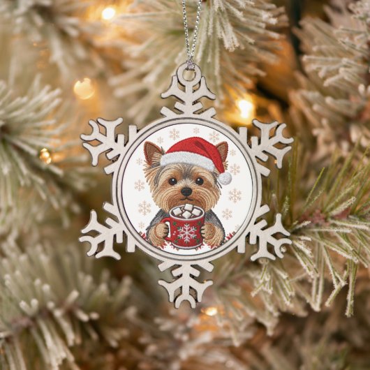 Adorable Christmas Yorkshire Terrier スノーフレークピューターオーナメント (ツリー)