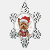 Adorable Christmas Yorkshire Terrier スノーフレークピューターオーナメント (右)