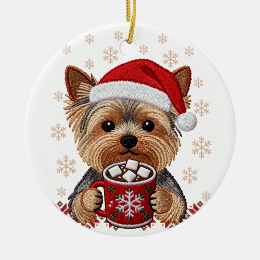 Adorable Christmas Yorkshire Terrier セラミックオーナメント (正面)