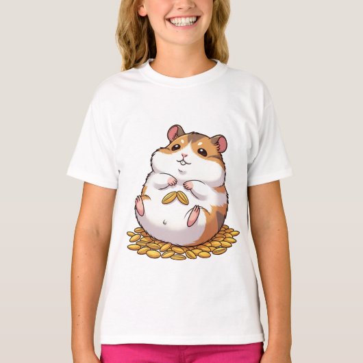 Adorable Chubby Hamster Sitting on Pile of Seeds Tシャツ (正面)