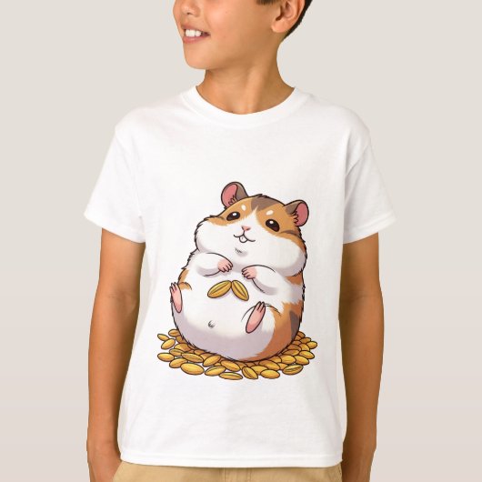 Adorable Chubby Hamster Sitting on Pile of Seeds Tシャツ (正面)
