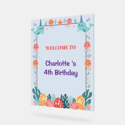 Adorable Chubby Narwhal Whale fish Seamless Sea Li アクリルサイン (傾斜)