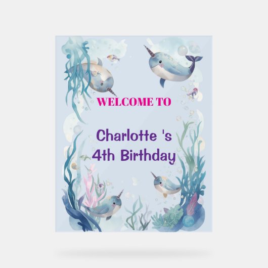 Adorable Chubby Narwhal Whale fish Seamless Sea Li アクリルサイン (正面)