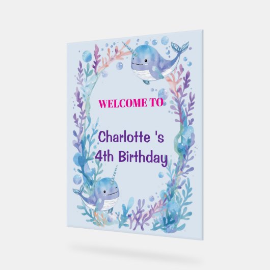 Adorable Chubby Narwhal Whale fish Seamless Sea Li アクリルサイン (傾斜)