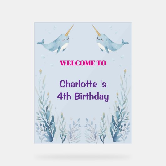 Adorable Chubby Narwhal Whale fish Seamless Sea Li アクリルサイン (正面)