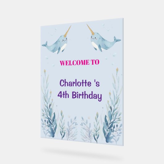 Adorable Chubby Narwhal Whale fish Seamless Sea Li アクリルサイン (傾斜)