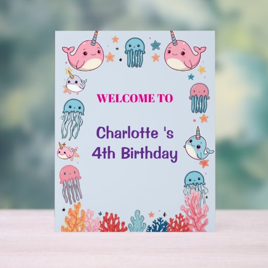 Adorable Chubby Narwhal Whale fish Seamless Sea Li アクリルサイン (ニュートラル)