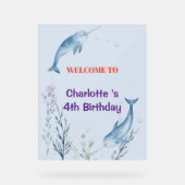 Adorable Chubby Narwhal Whale fish Seamless Sea Li アクリルサイン (正面)