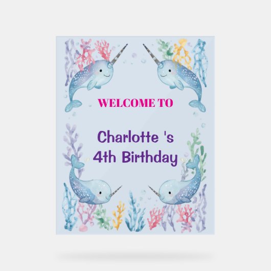 Adorable Chubby Narwhal Whale fish Seamless Sea Li アクリルサイン (正面)