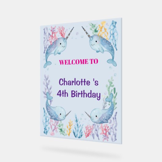 Adorable Chubby Narwhal Whale fish Seamless Sea Li アクリルサイン (傾斜)