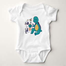 Adorable Cow and Turtle Hugging Cartoon  ベビーボディスーツ