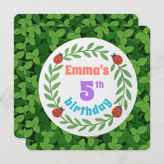 Adorable Custom Ladybug & Leaf 5th Birthday サンキューカード (正面/裏面)
