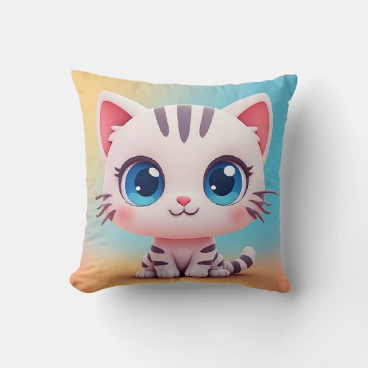 Adorable Cute Cartoon White Kitten クッション (正面)