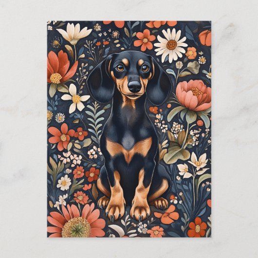 Adorable Dachshund Surrounded By Vibrant Flowers ポストカード (正面)