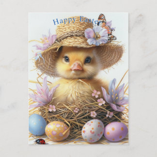 Adorable Duckling Straw Hat Easter Egg Flowers ポストカード