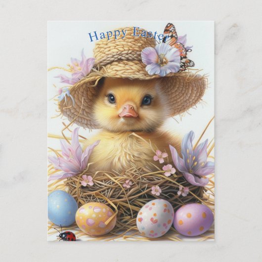 Adorable Duckling Straw Hat Easter Egg Flowers ポストカード (正面)