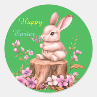 Adorable Easter Bunny on Tree Stump Sticker ラウンドシール
