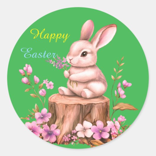 Adorable Easter Bunny on Tree Stump Sticker ラウンドシール (正面)