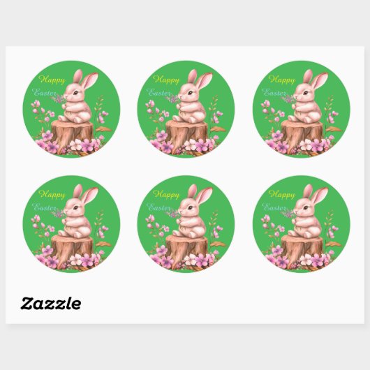 Adorable Easter Bunny on Tree Stump Sticker ラウンドシール (シート)