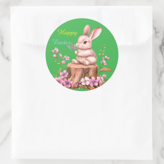Adorable Easter Bunny on Tree Stump Sticker ラウンドシール (バッグ)