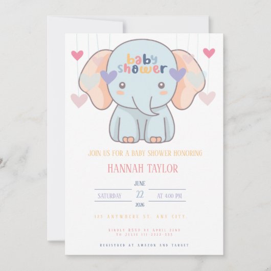 Adorable Elephant Baby Shower Invitation 招待状 (正面)