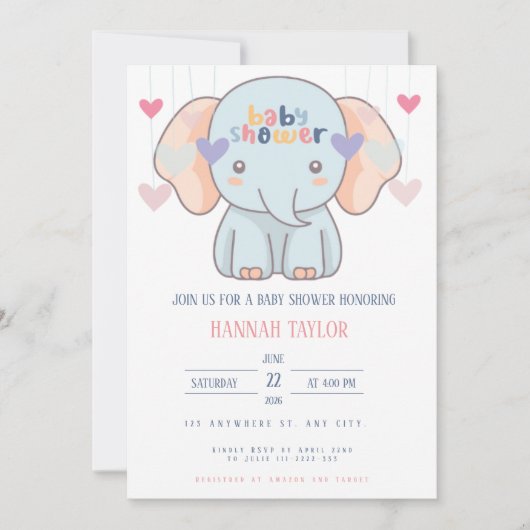 Adorable Elephant Baby Shower Invitation 招待状 (正面)