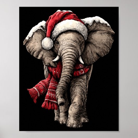 Adorable Elephant In Santa Hat Snowy Winter Christ ポスター (正面)