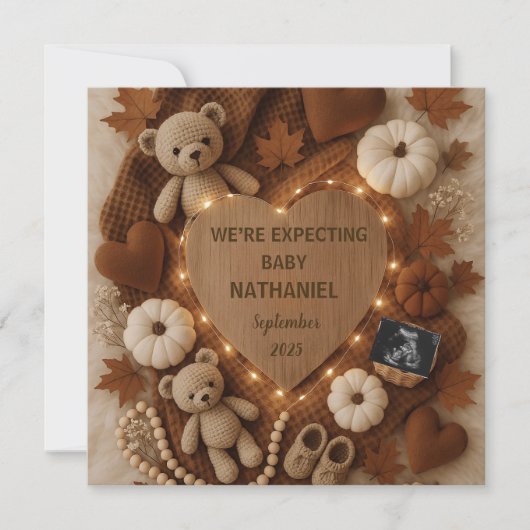 Adorable fall autumn bears pregnancy announcement  招待状 (正面)