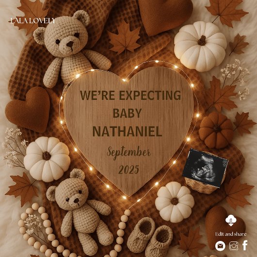 Adorable fall autumn bears pregnancy announcement  招待状