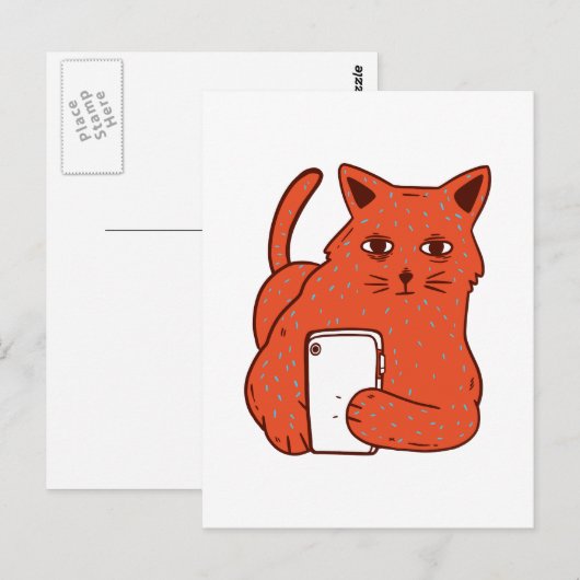 Adorable Fantasy Cat With a Cellphone ポストカード (正面/裏面)