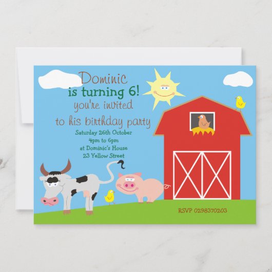 Adorable Farm Animal Birthday Party Invites 招待状 (正面)