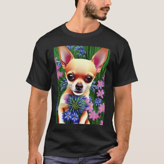 Adorable Fawn Chihuahua Playing in Flowers Tシャツ (正面)