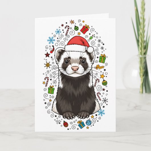 Adorable Ferret in Santa Hat Merry Christmas Card カード (正面)